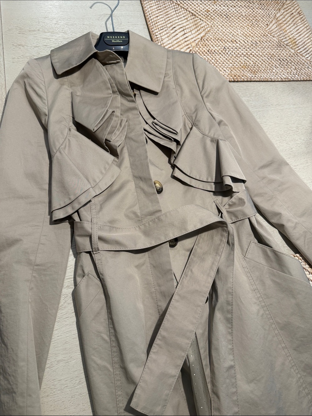 Beige Ruffle-Front Trench Coat - Picture 6 of 6
